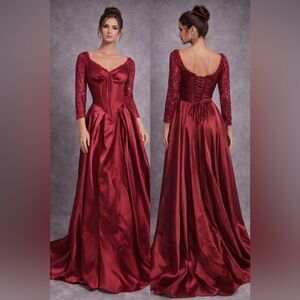 Vintage Red Satin Lace Formal Dress – Size 10 – Corset Back Evening Gow